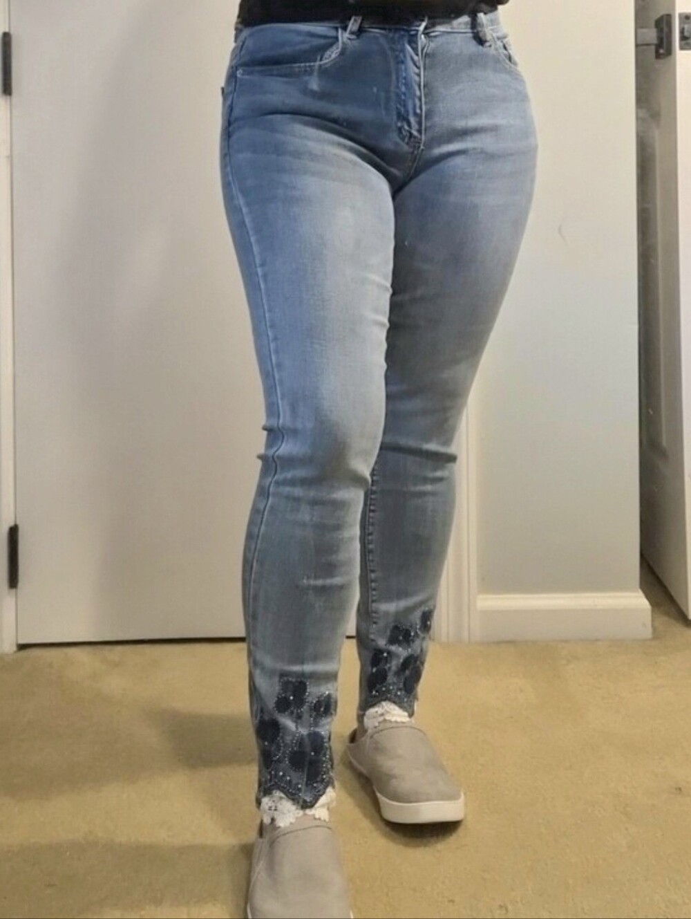 Light Wash Skinny Jeans with Beaded Hem Detail